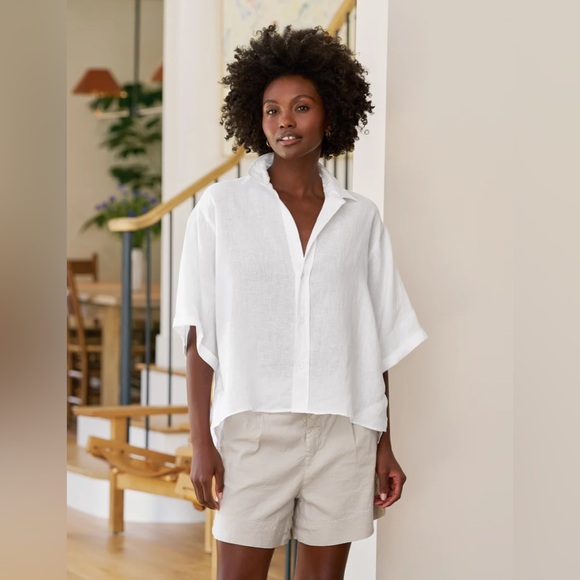 Frank & Eileen | Rosie Short-Sleeve Button-Up Shirt in White Italian Linen Sz. M - Picture 7 of 8